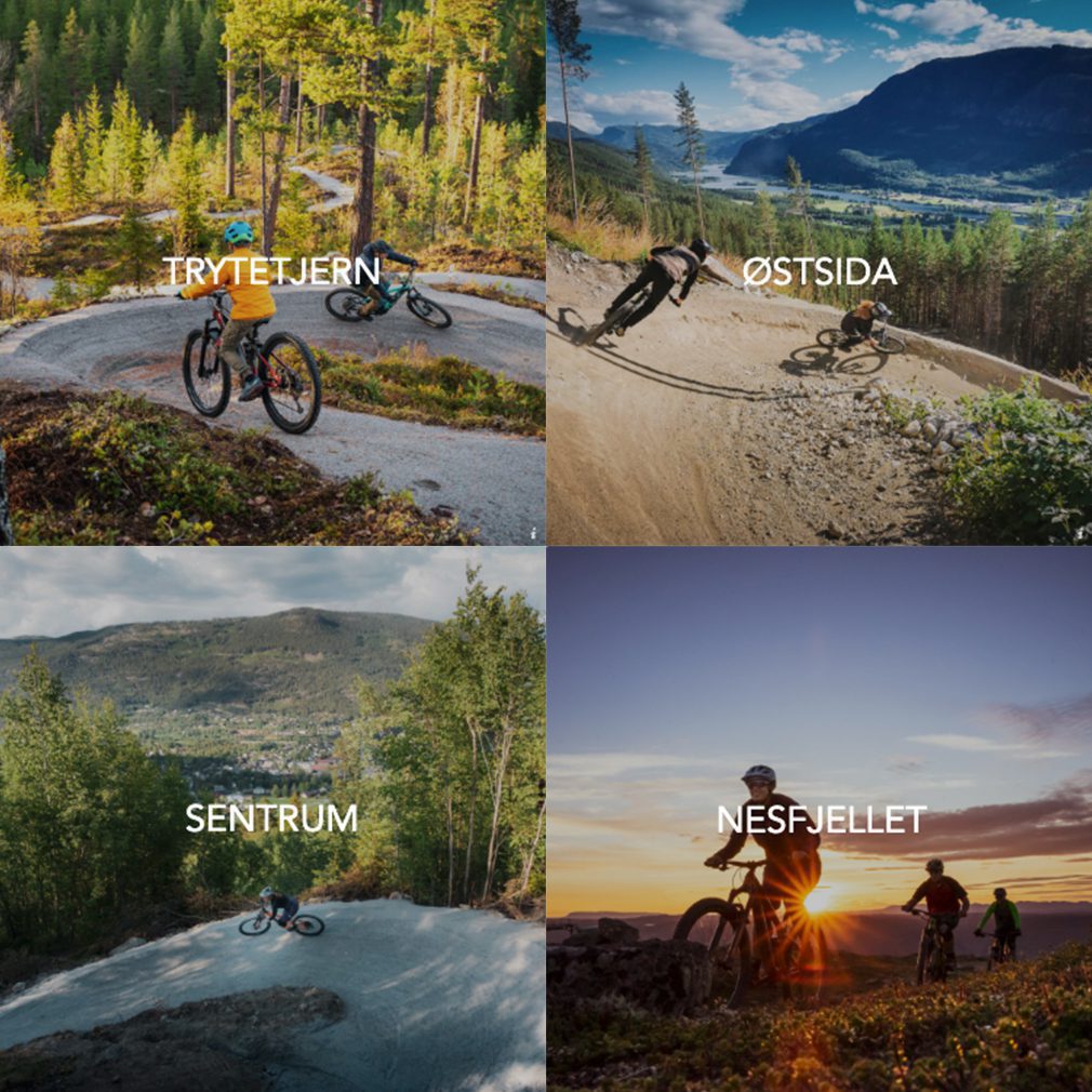 Fire bilder som illustrerer fire sykkelområder i Nesbyen; Trytetjern, Østsida, Sentrum og Nesfjellet.