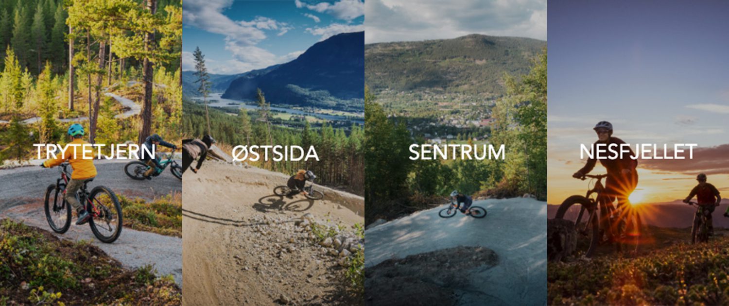 Fire bilder som illustrerer fire sykkelområder i Nesbyen; Trytetjern, Østsida, Sentrum og Nesfjellet.