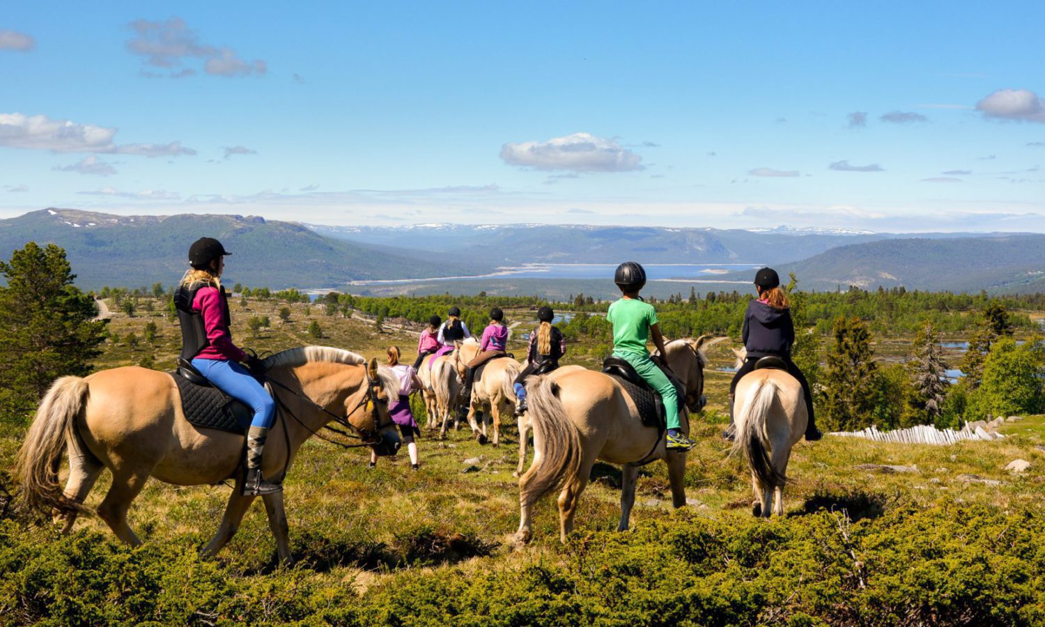 Bilde av gruppe på hestetur i fjellet