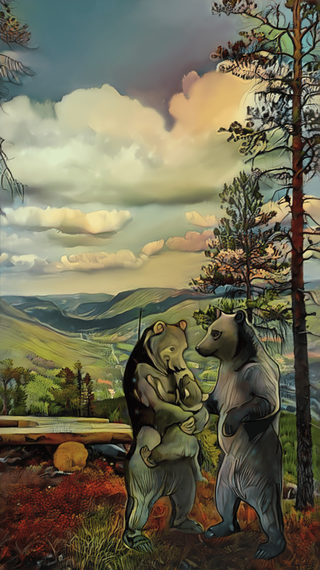 Illustrasjon av bjørnefamilie ved utsiktspunkt